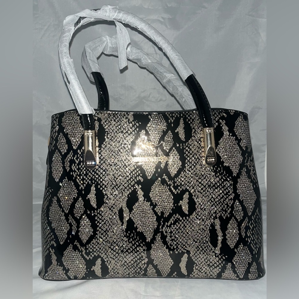 Elegant Black Patent Tote with Glitter Snake Print & Vertical Stripe Back